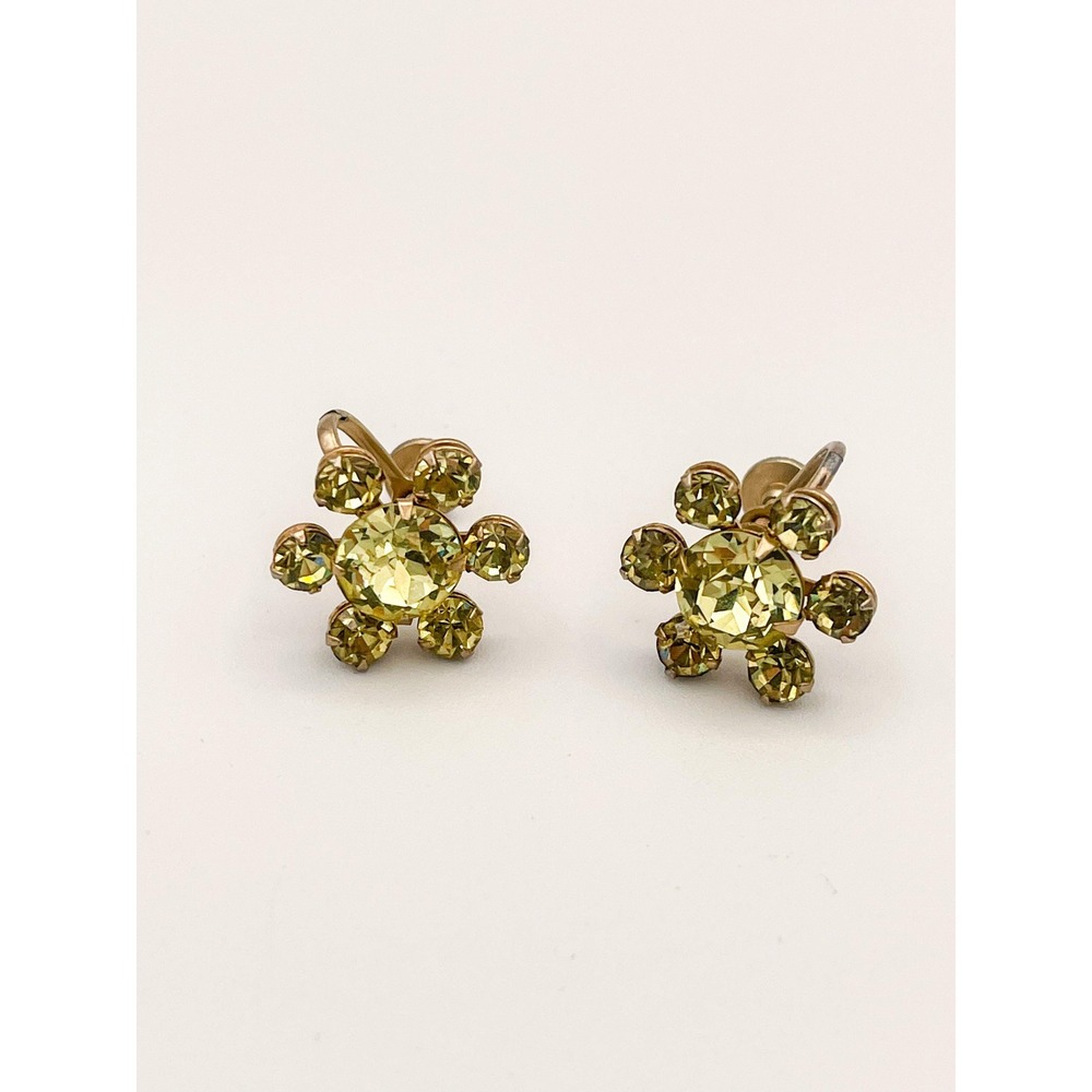 Vtg Yellow Rhinestone Flower Earrings – Screw-Back Daisy Earrings Grannycore